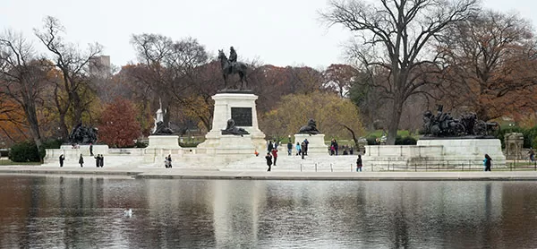 View of fall foliage at the Grant Memorial and Capitol Reflecting Pool.