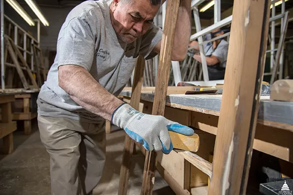 Historic Cannon Building window mid-preservation process.