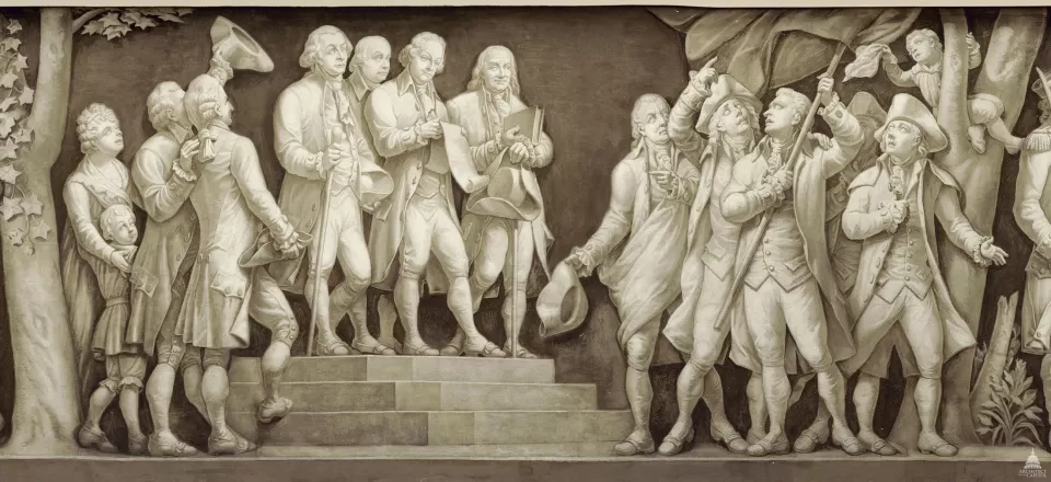 Featured in the Capitol Rotunda's frieze, the principal authors of the Declaration of Independence, John Adams, Thomas Jefferson and Benjamin Franklin, read the document to colonists in 1776. 
