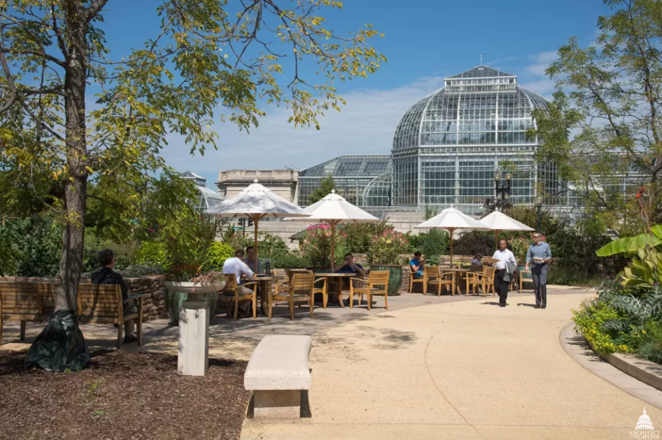 Visitors enjoying the renovated gardens.