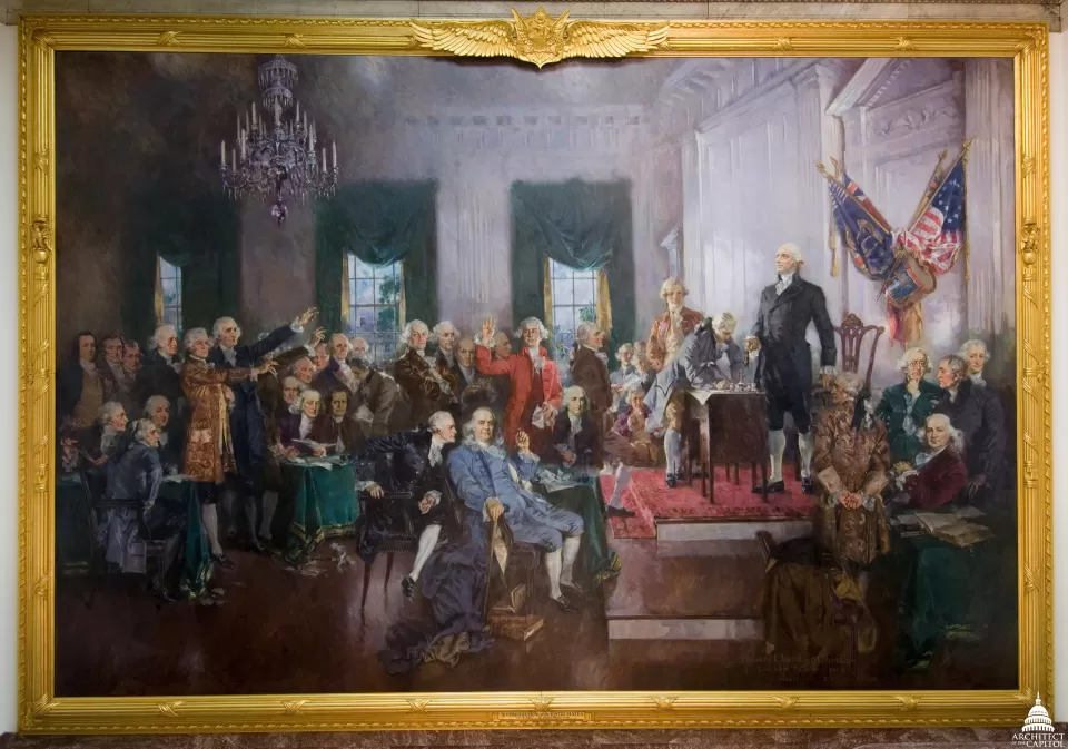 Christy's depiction of the signing of the United States Constitution is an oil-on-canvas painting.