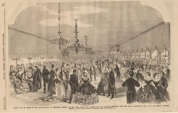 The ballroom built by Job W. Angus for the grand ball to celebrate President Lincoln’s first inauguration in 1861. It featured many gas lamp fixtures to illuminate the interior, which was reported to be large enough to accommodate 3,000 people. Image courtesy of Anne S.K. Brown Military Collection, Brown University Library.