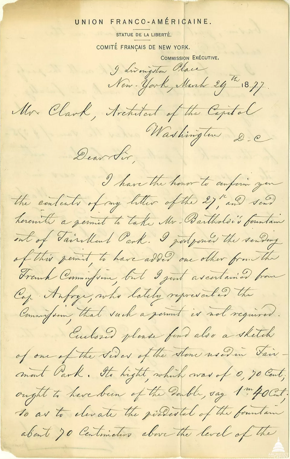 Letter to Architect of the Capitol Edward Clark regarding moving the Bartholdi Fountain from Fairmont Park in New York to Washington, D.C.