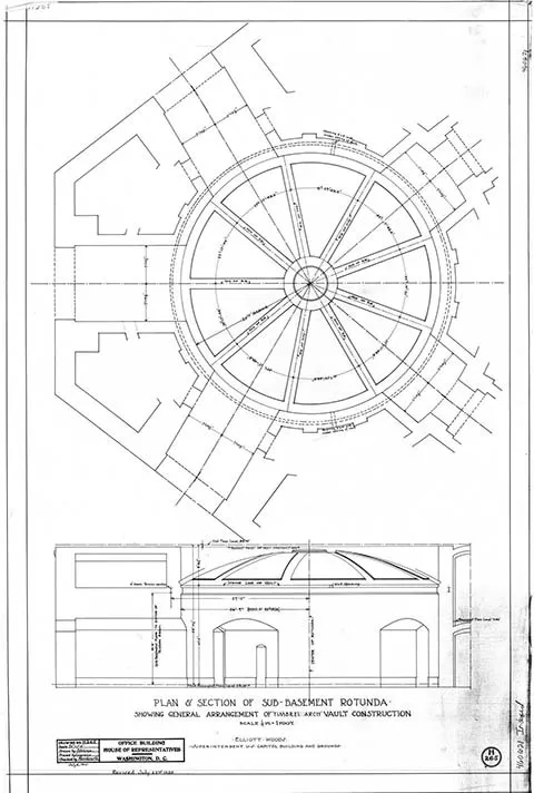 July 1905 section drawing showing the general arrangement of the “timbrel arch” vault construction, which has been preserved in the AOC’s archival collection.