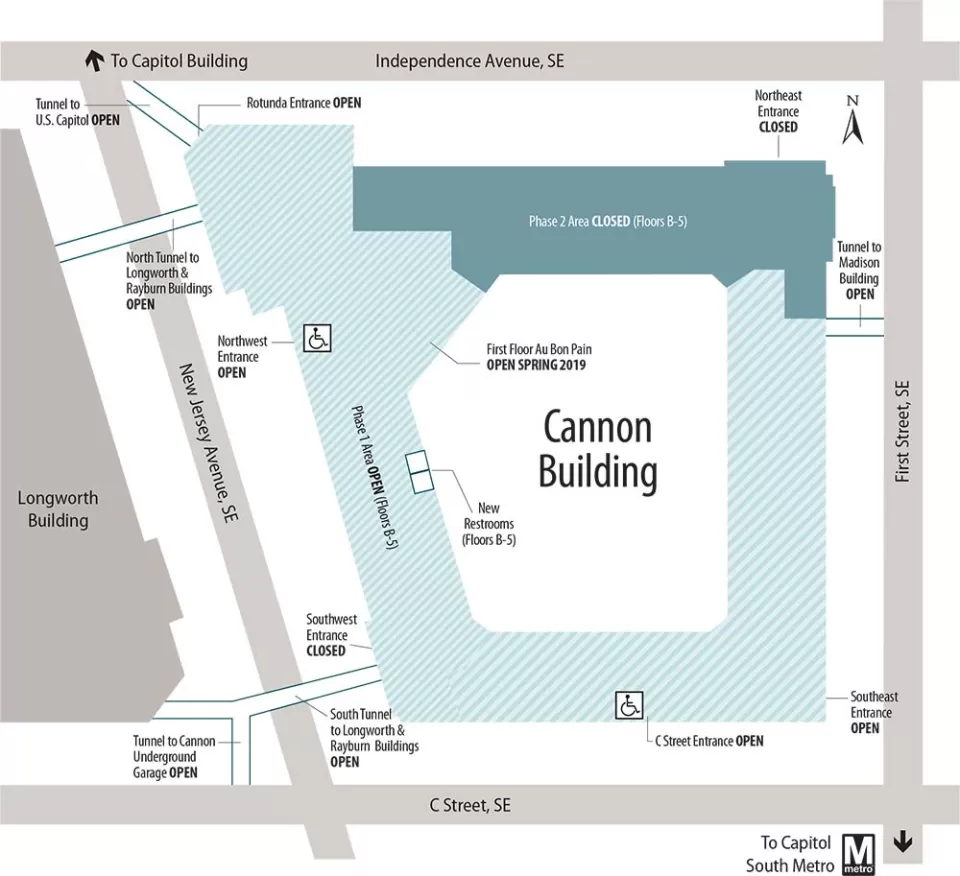 Map of Cannon House Office Building entrances and closures for Phase 2 of the renewal project.