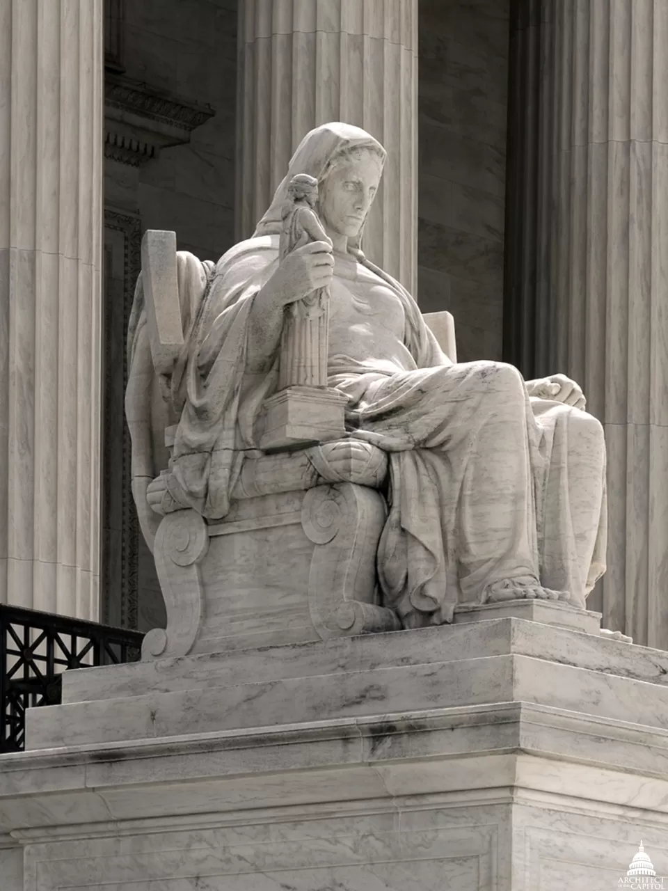 Statue of Contemplation of Justice by James Earle Fraser on the U.S. Supreme Court Building's main steps.