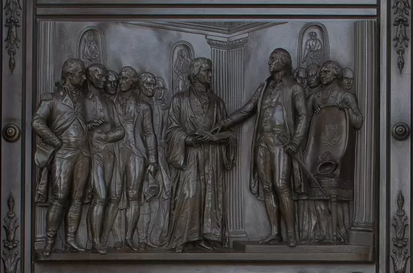 Panel from the U.S. Capitol Senate Bronze Doors depicting the 1789 Inauguration of George Washington as First President.