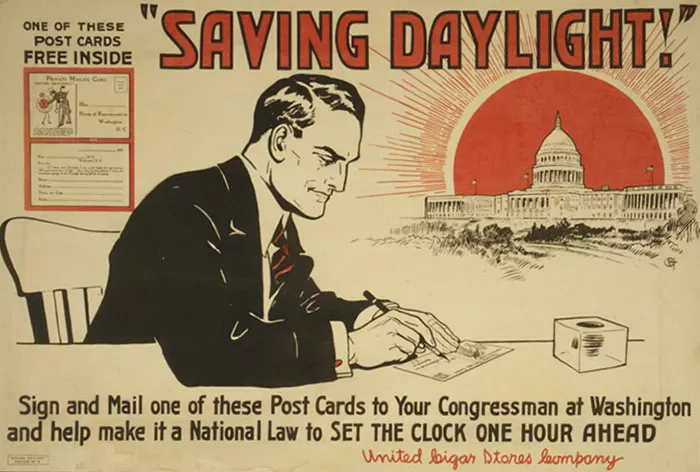 Poster to encourage citizens to write a postcard and lobby Congress in support of Daylight Savings Time.