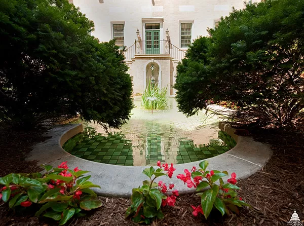 The Pan of Rohallion fountain seen in the courtyard entrance to Whittall Pavilion.