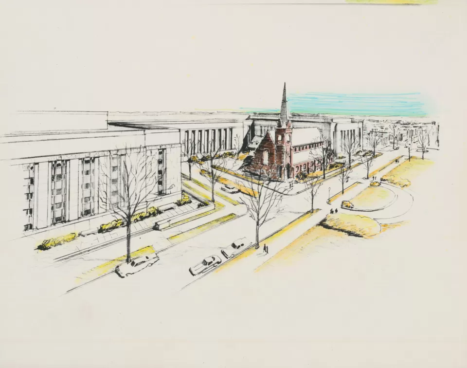 One original plan for the Madison Building had it in another location, wrapped around a historic church.