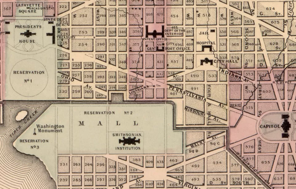Map of Washington, D.C. printed in 1861, showing the location of the City Hall at the time. 