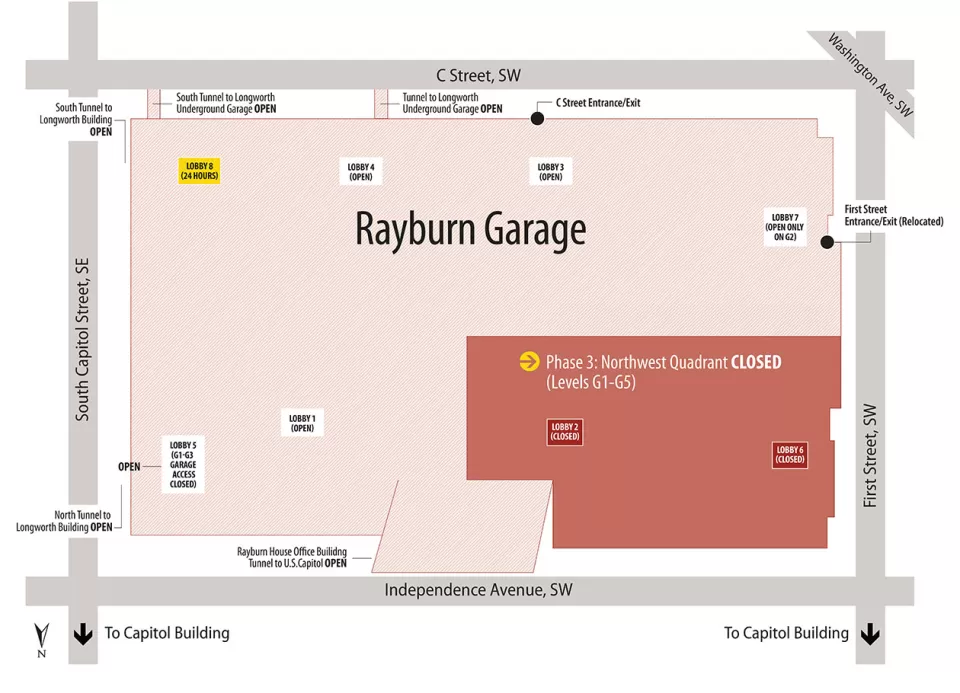 Map of closures for Phase 3 of the Rayburn Garage Interior Rehabilitation.