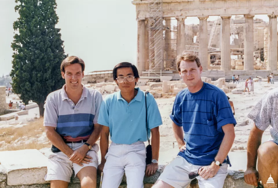Stephen Ayers (left) in 1993 on the Acropolis with two of his colleagues at the time.