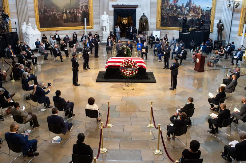 A small funeral for Representative Lewis was held in the Rotunda, with social distancing measures in place.