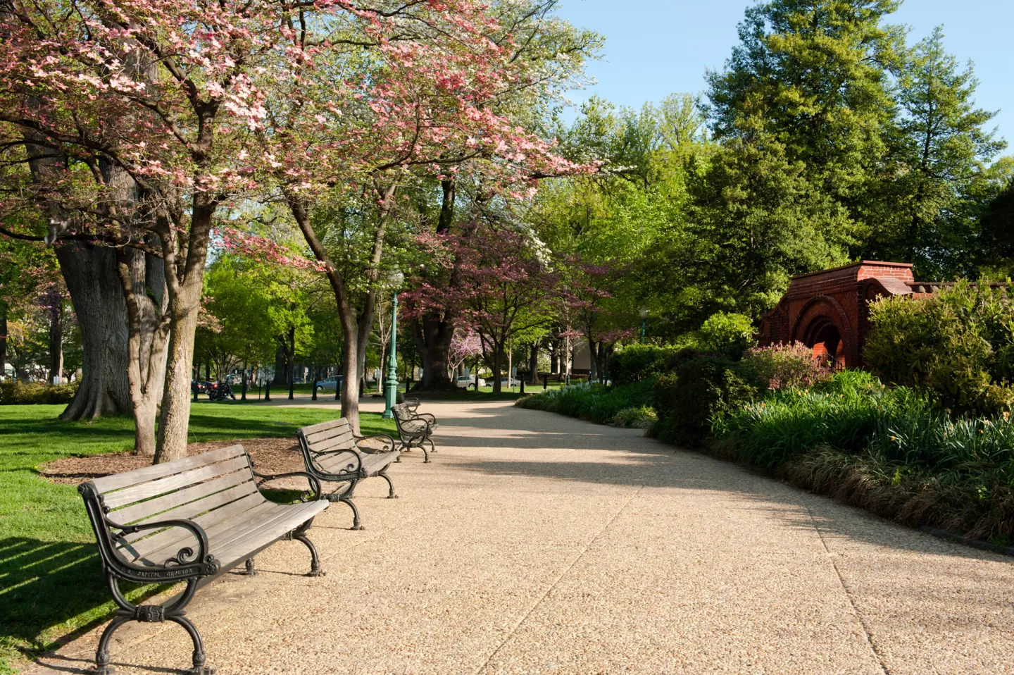 View of a walkway and benches on the U.S. Capitol Grounds.