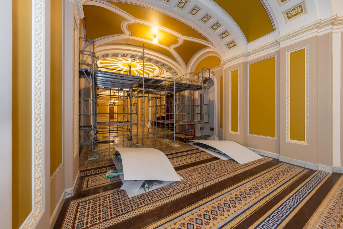 View of a hallway with scaffolding.