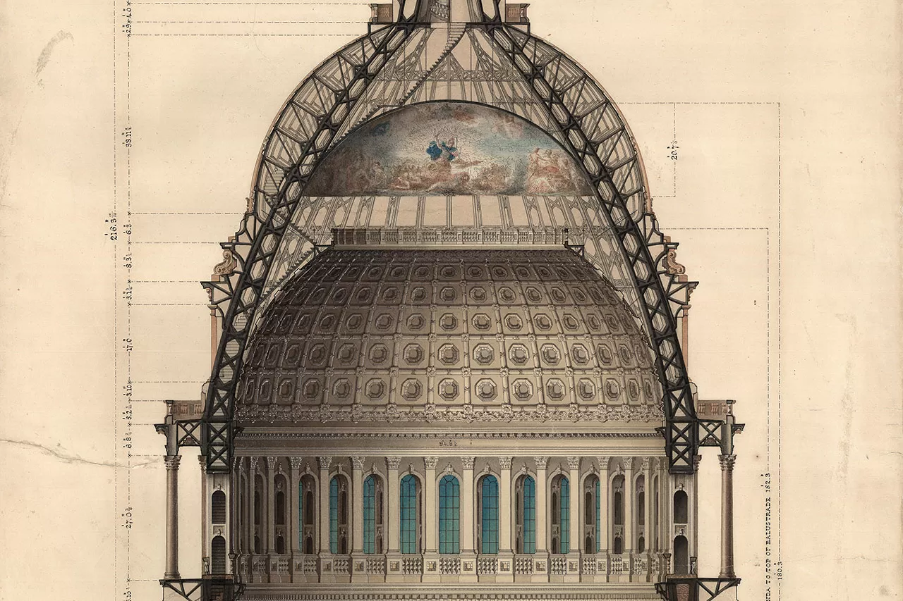 Rotunda Section, Revised Dome Design for U.S. Capitol. Pen, Ink and watercolor by Thomas U. Walter, 1859.