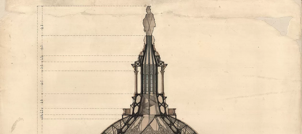 Section, Revised Dome Design for U.S. Capitol. Pen, Ink and watercolor by Thomas U. Walter, 1859.