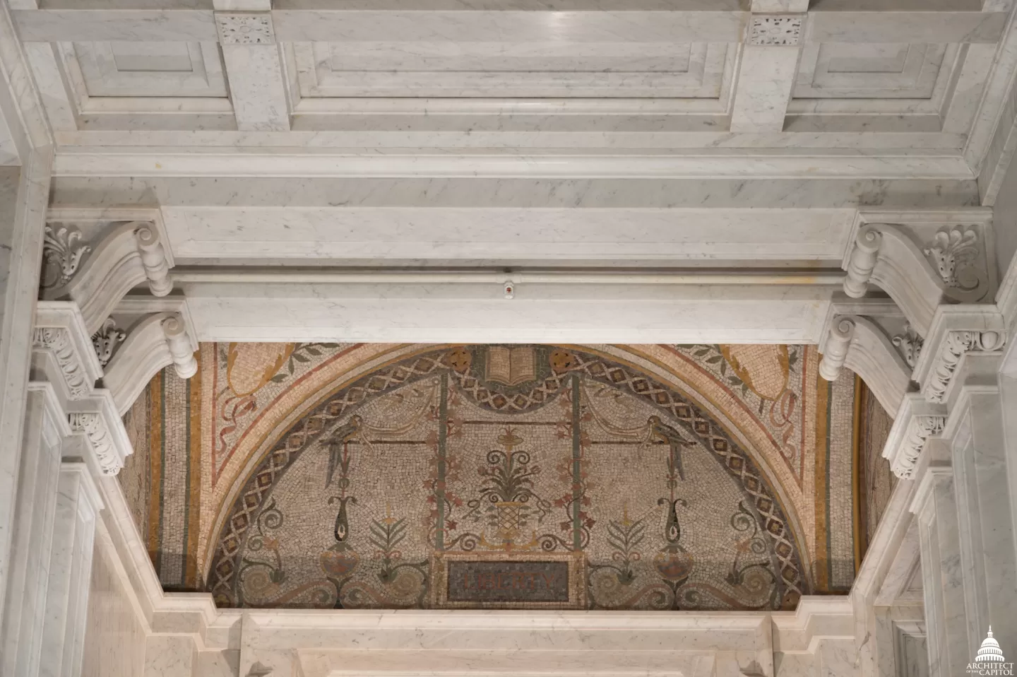 View of column capitals inside a room.