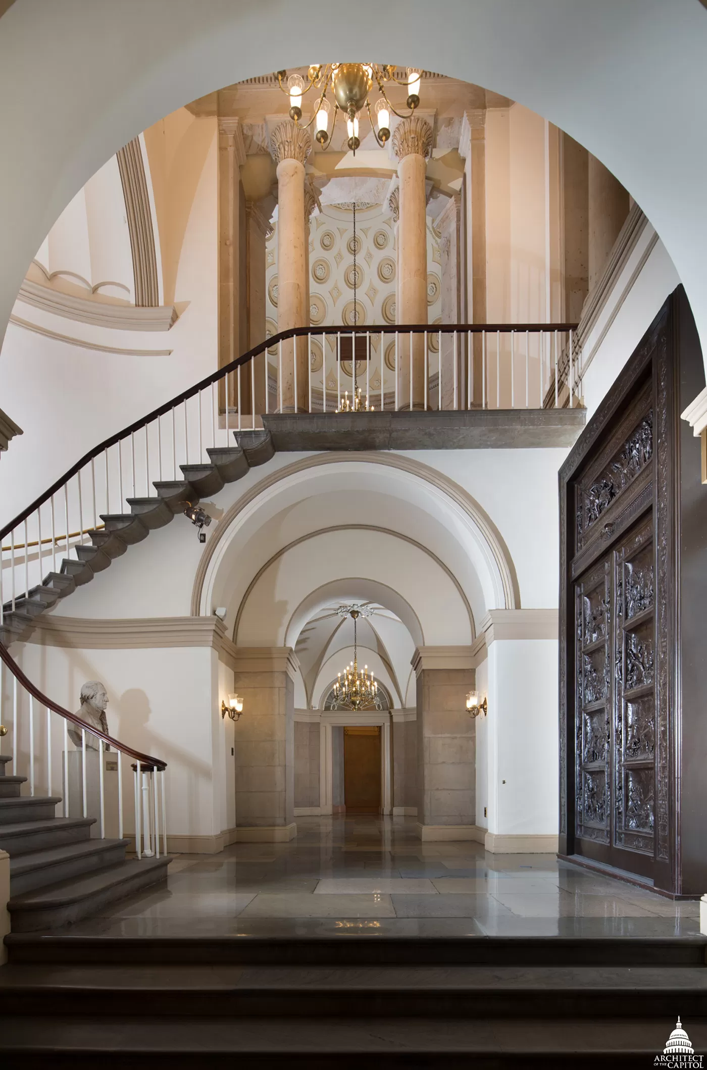 The bronze Amateis Doors are on display in the House Wing of the U.S. Capitol, across from the Bulfinch stairway near the Memorial Door entrance. 
