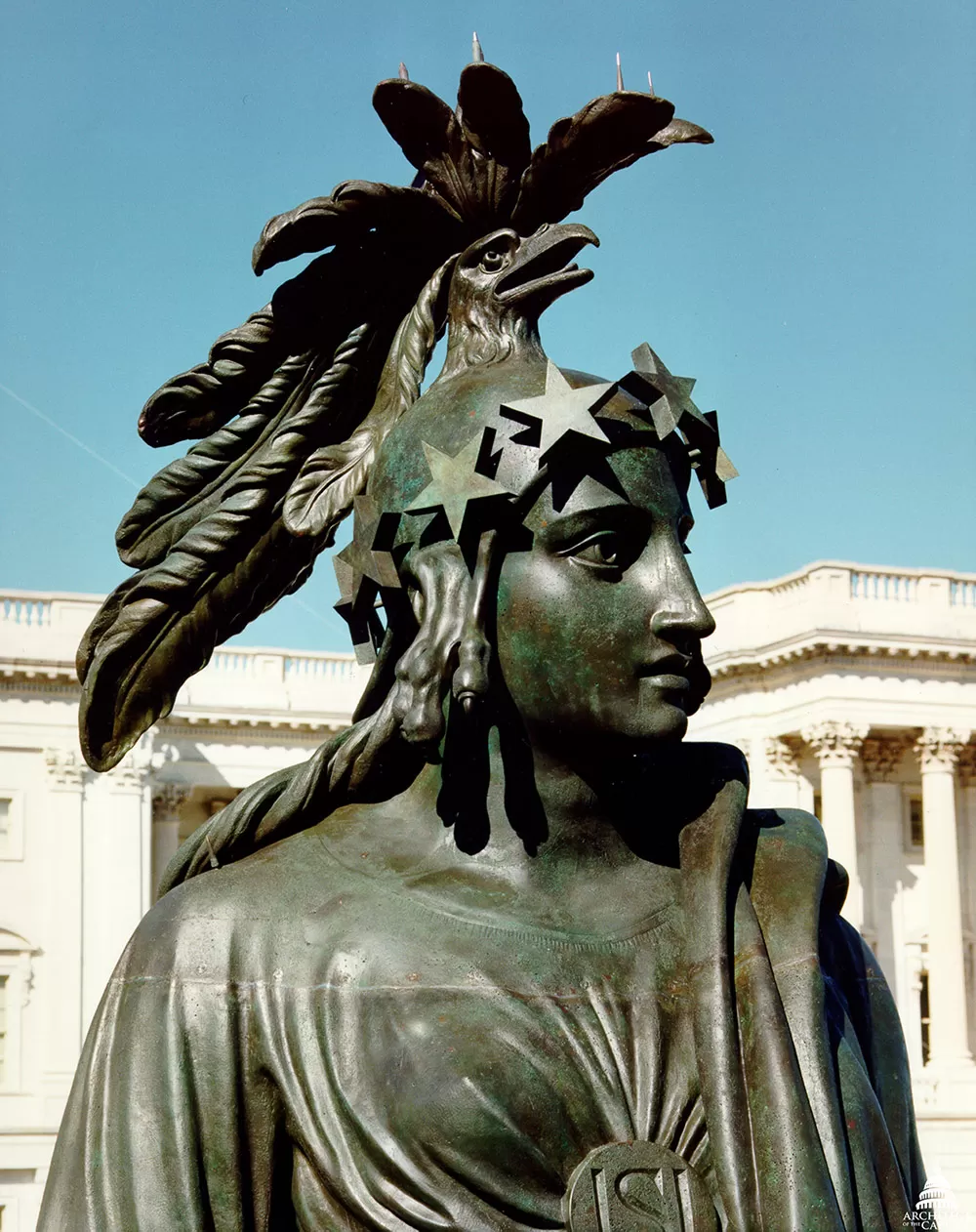 Close-up detail photo with Statue of Freedom during conservation in 1993.