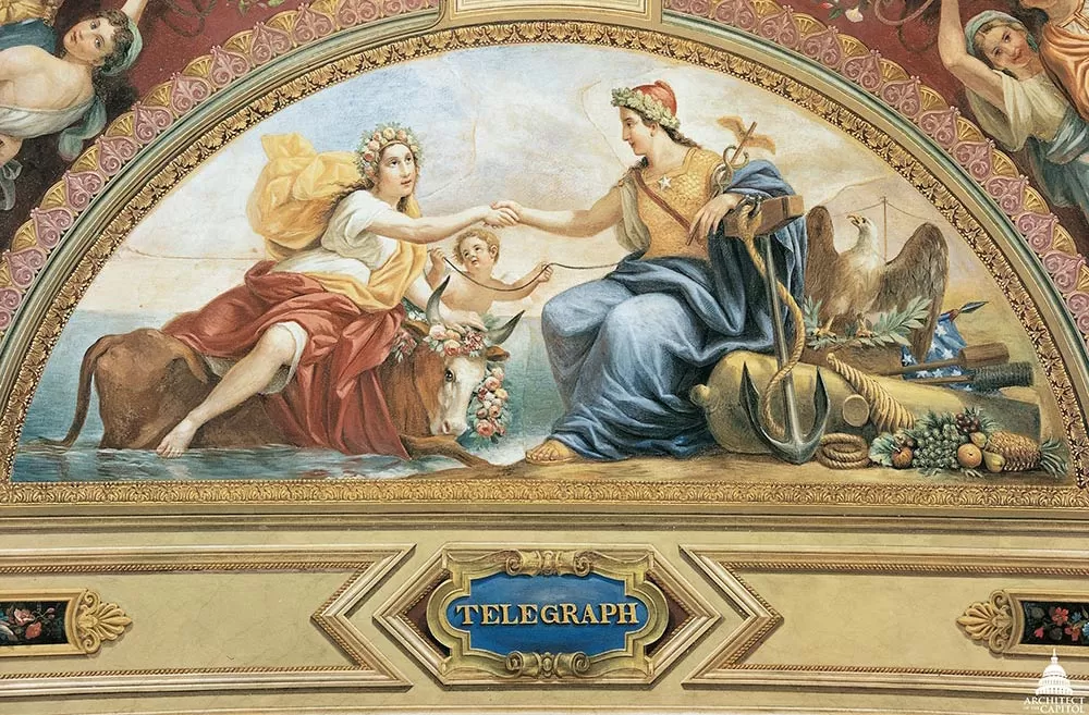 The lunette "Telegraph" by Brumidi in the now Lyndon B. Johnson Room, S-211.