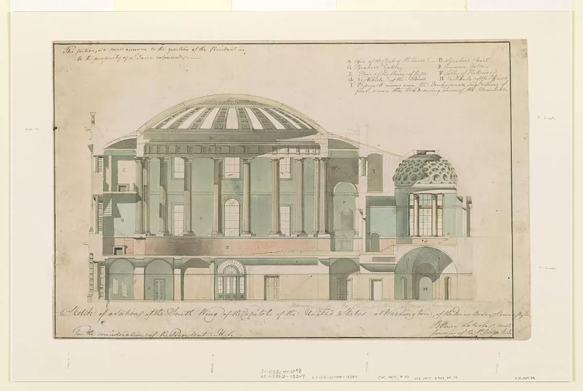 United States Capitol, Washington, D.C. Section of south wing, 1800s drawing by Benjamin Henry Latrobe. Retrieved from the Library of Congress.