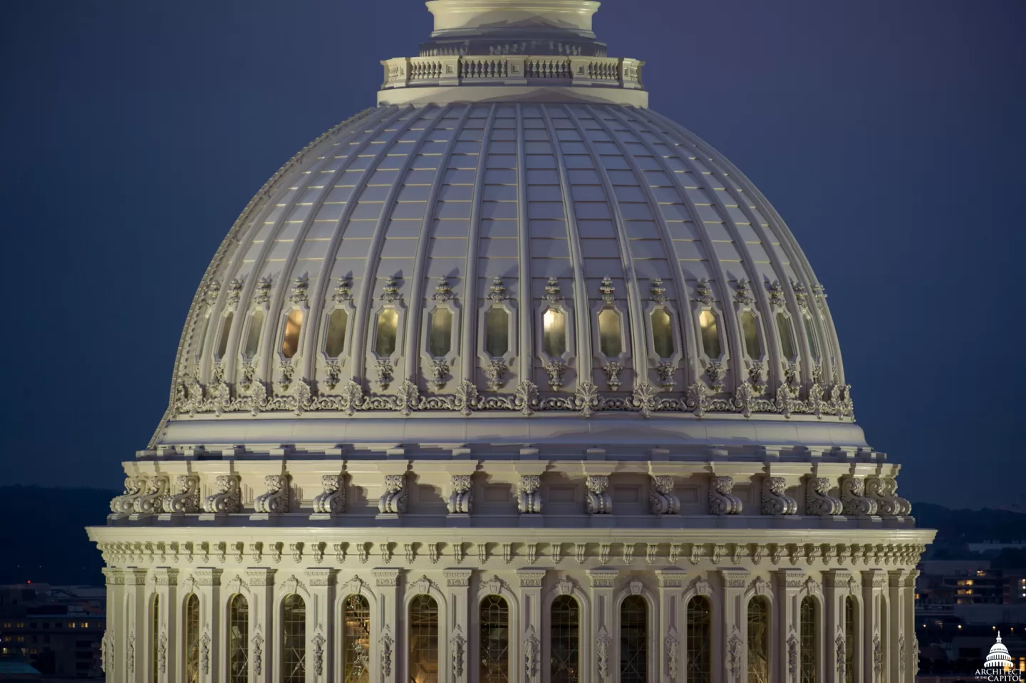 The U.S. Capitol Dome's cupola at night.