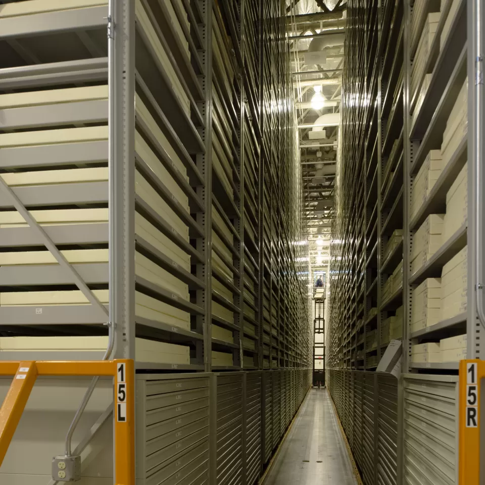 Aisle between bookshelves.