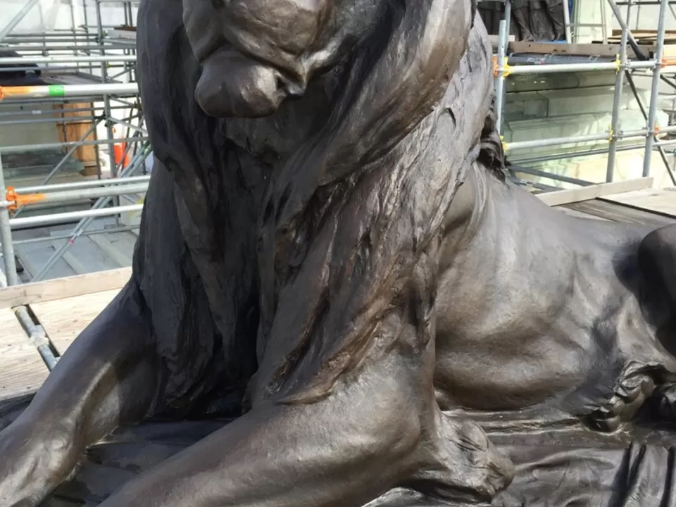 Grant Memorial lion after corrosion was removed from the sculpture.
