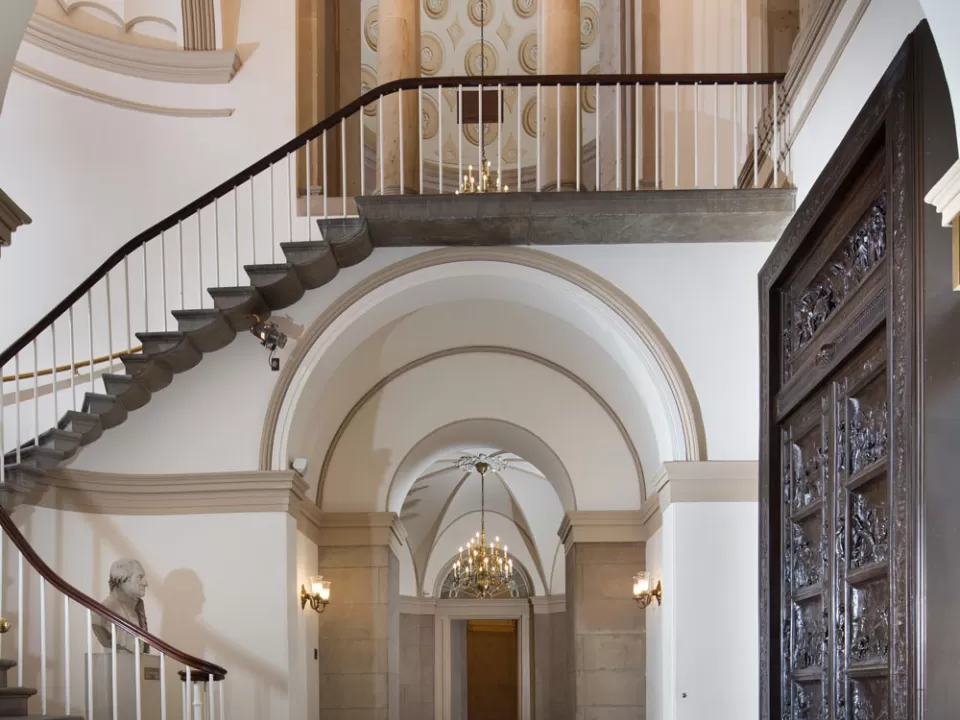 View of east vestibule, Amateis doors and small House rotunda in the U.S. Capitol.