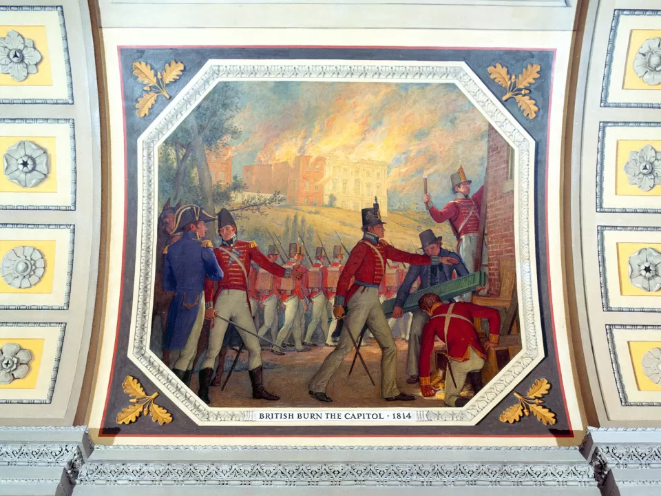 British Burn the Capitol, 1814, Allyn Cox, 1974, Corridor, House wing, First Floor.