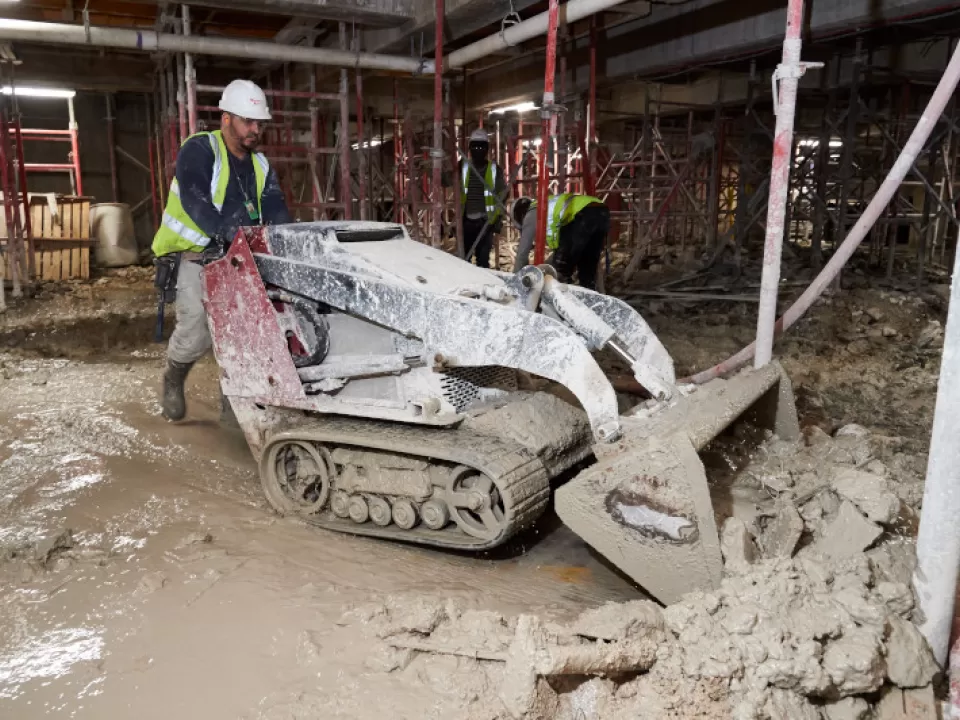 Debris removal and recycling after hydrodemolition of the old concrete slab.
