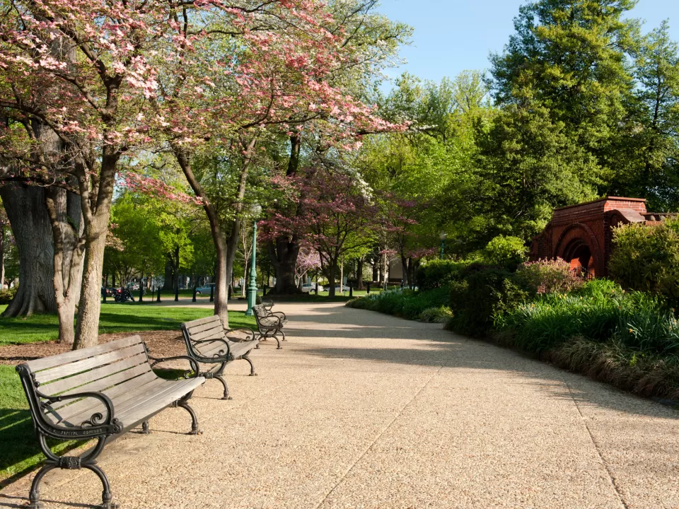 View of a walkway and benches on the U.S. Capitol Grounds.
