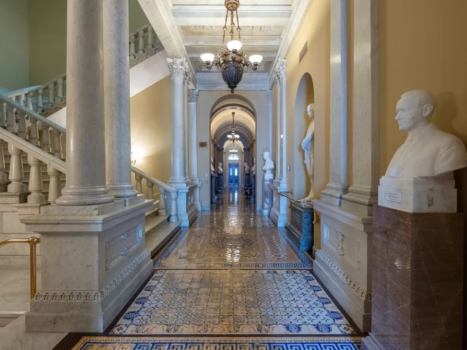 View of a second floor corridor in the Senate wing of the U.S. Capitol.