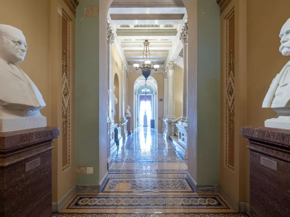 View of a second floor corridor in the Senate wing of the U.S. Capitol.