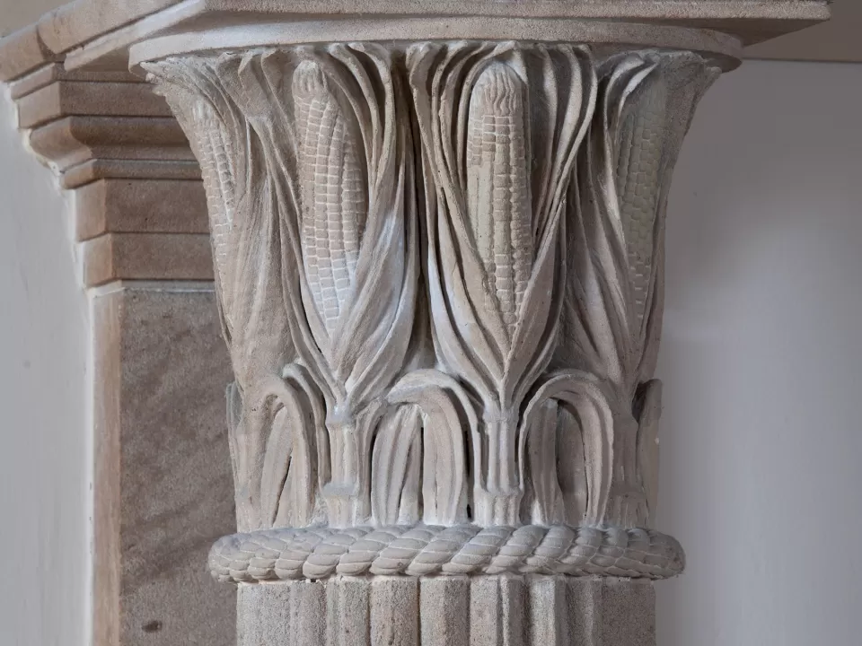 Close-up view of a corncob or cornstalk capital in the U.S. Capitol.