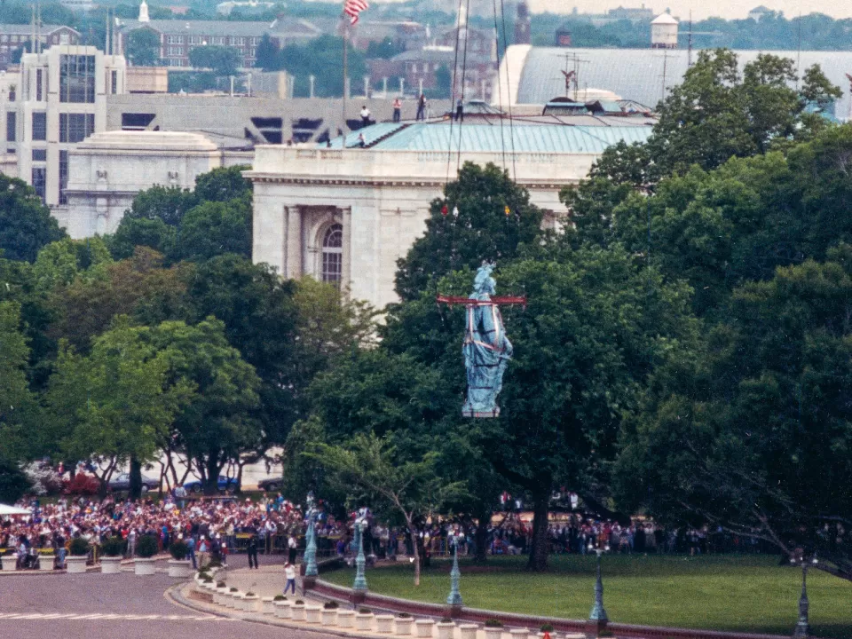 Helicopter and statue.