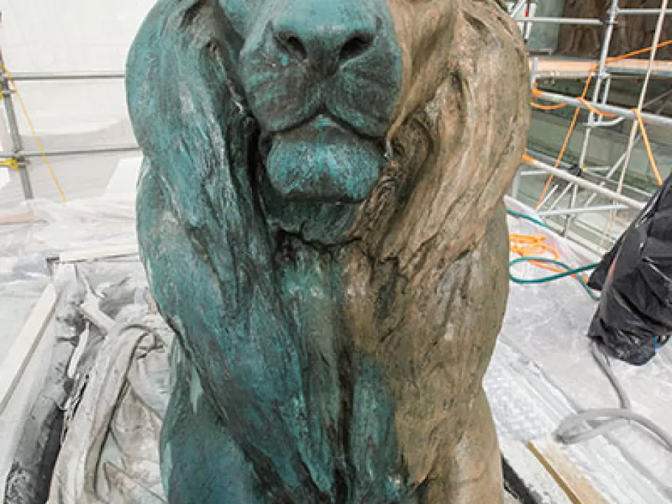 Lion sculpture of the Grant Memorial mid-cleaning as part of restoration in 2015.