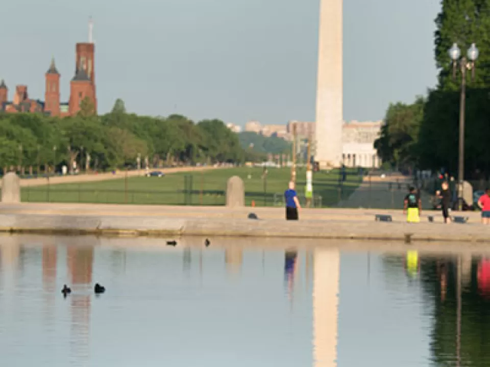 One of the duck ramps at the Capitol Reflecting Pool with the Washington Monument seen in the background.