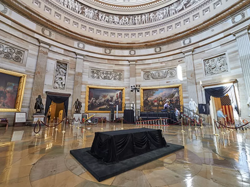 The Lincoln catafalque displayed in the U.S. Capitol Rotunda.