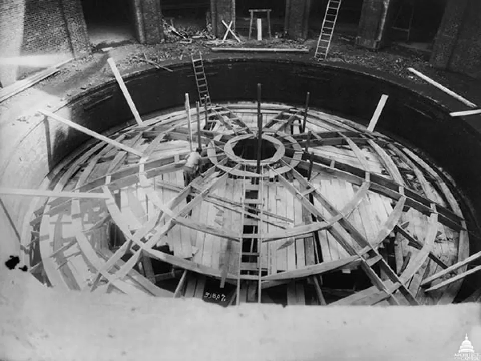 This March 1907 photo shows the Guastavino Company's building of the wooden arch forms over the Cannon House Office Building sub-basement rotunda.
