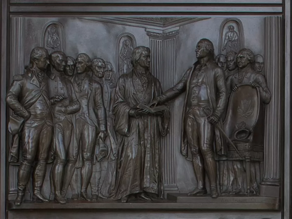 Panel from the U.S. Capitol Senate Bronze Doors depicting the 1789 Inauguration of George Washington as First President.