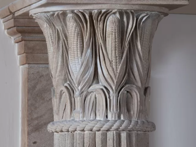 Close-up view of a corncob or cornstalk capital in the U.S. Capitol.