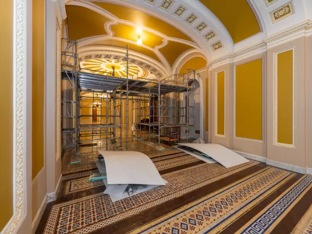 View of a hallway with scaffolding.