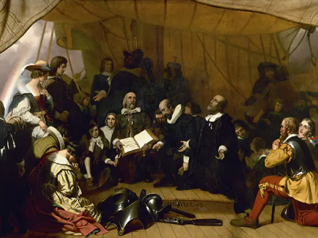 Historic "Embarkation of the Pilgrims" painting in the U.S. Capitol Rotunda.