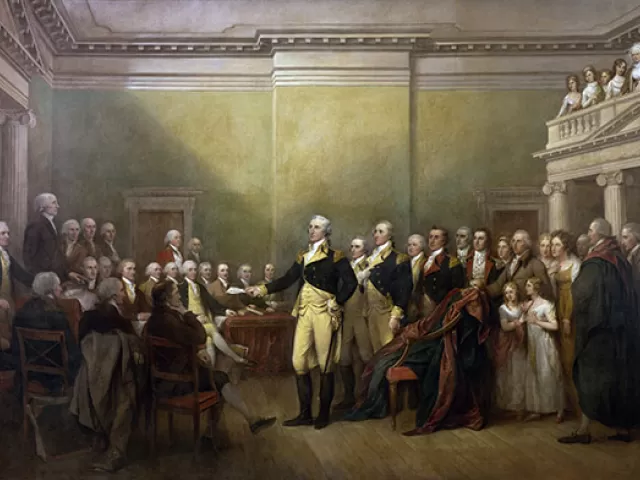 The "General George Washington Resigning His Commission" painting by John Trumbull on display in the U.S. Capitol Rotunda.