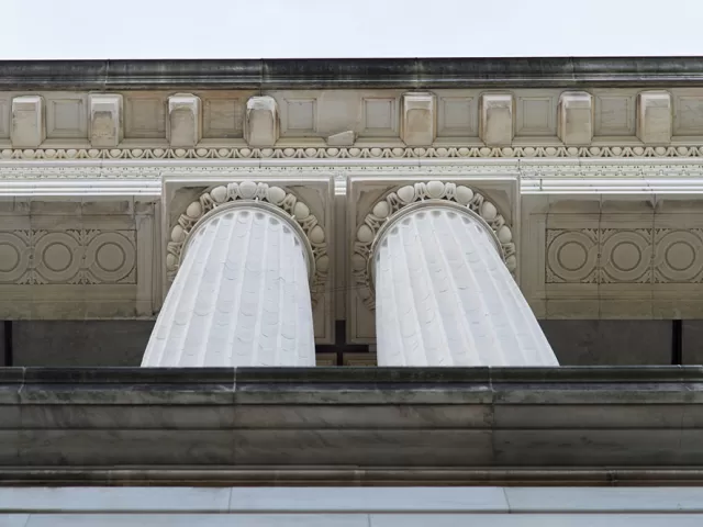 Condition of the stone on the Russell Building pre-restoration.