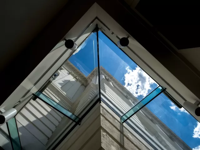 A skylight allows natural light to fill the hallway once occupied by a courtyard at the U.S. Capitol.