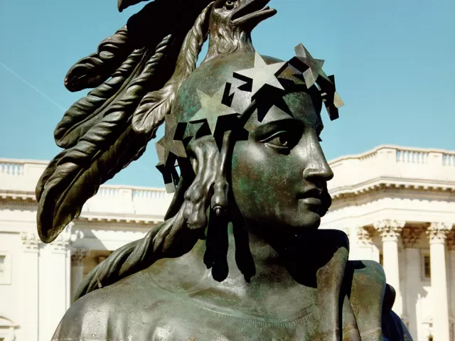 Close-up detail photo with Statue of Freedom during conservation in 1993.